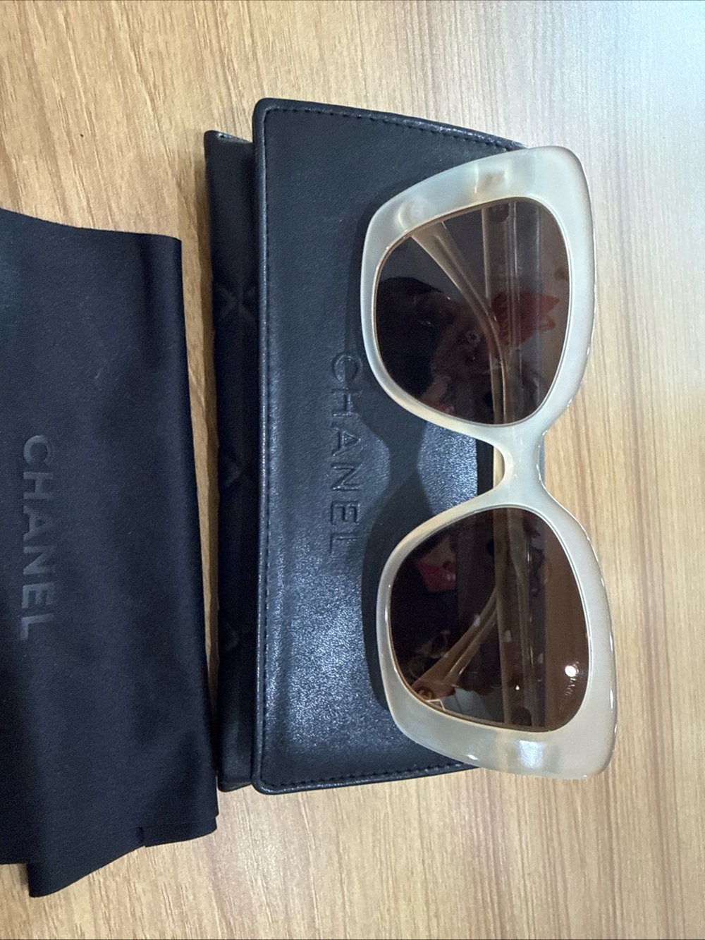 CHANEL Cream Square Oversized Sunglasses with Brown Lenses